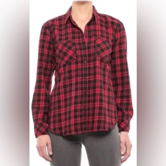 BeachLunchLounge Red + Black Plaid Button Down Top Large - Picture 9 of 10